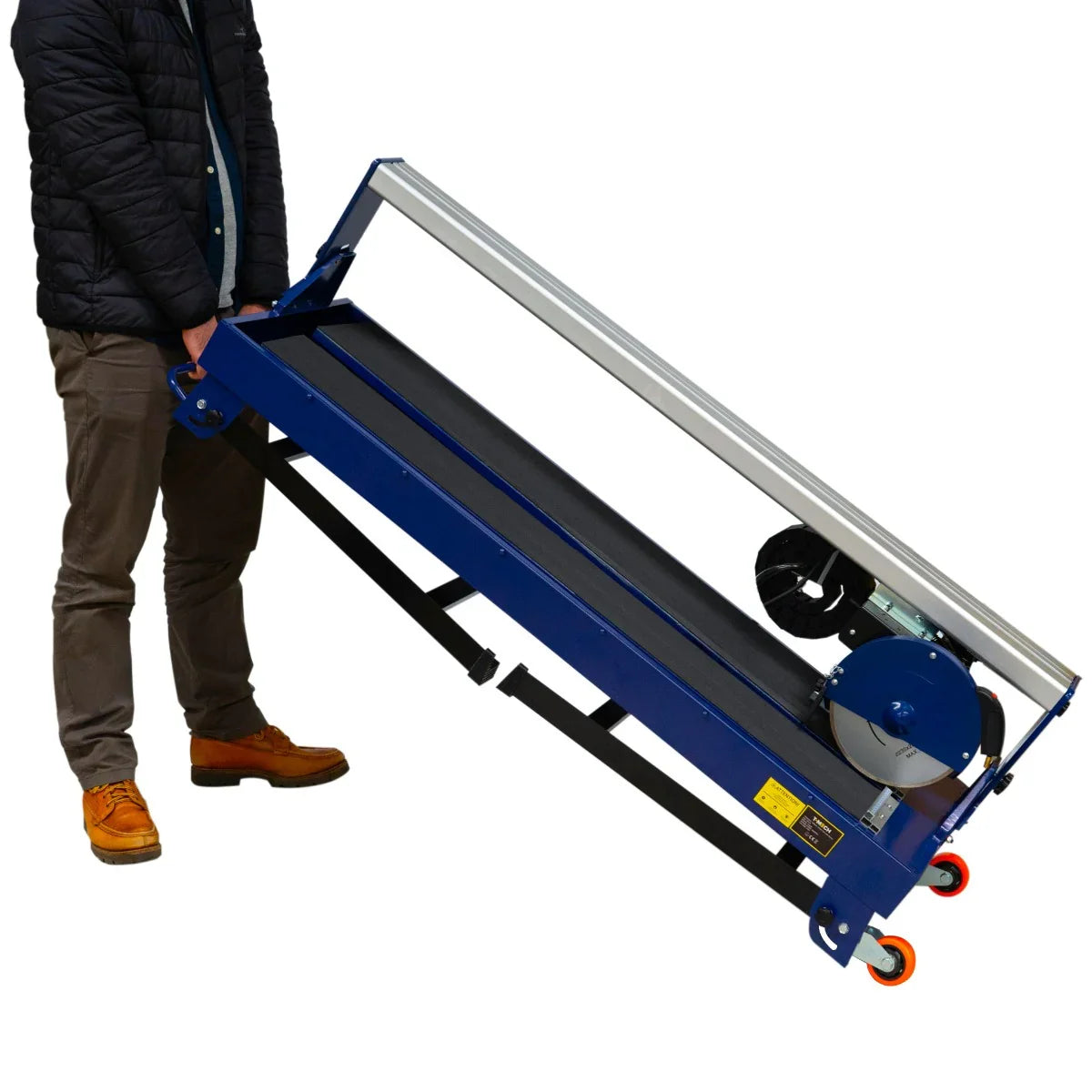 Portable wet tile cutter bench in blue, featuring a sturdy frame, rolling wheels, and a large cutting surface for easy transport and use