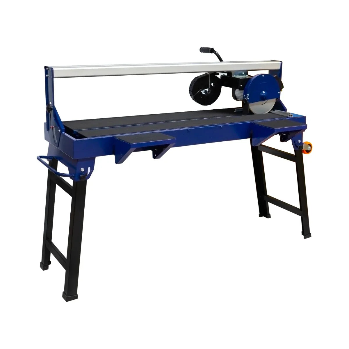 Wet tile cutter bench with a 920mm cutting length, 1200W motor, sturdy black legs, and a blue frame for durability and stability