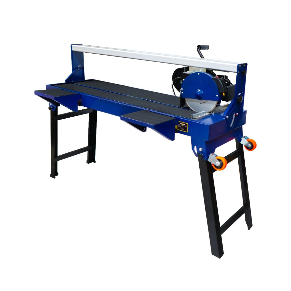 Wet tile cutter bench in blue, featuring a 920mm cutting surface, sturdy black frame, and adjustable side tables for precision cutting