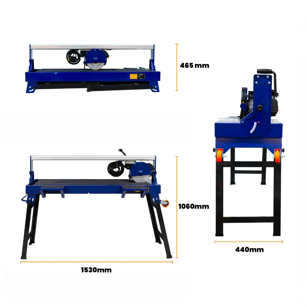 Wet tile cutter bench in blue, featuring a 1200W motor, adjustable cutting height, and sturdy black stand for stability and precision