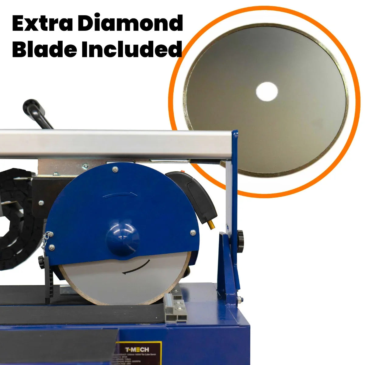 Wet tile cutter bench with a blue body, featuring a circular diamond blade and an extra blade displayed in an orange circle