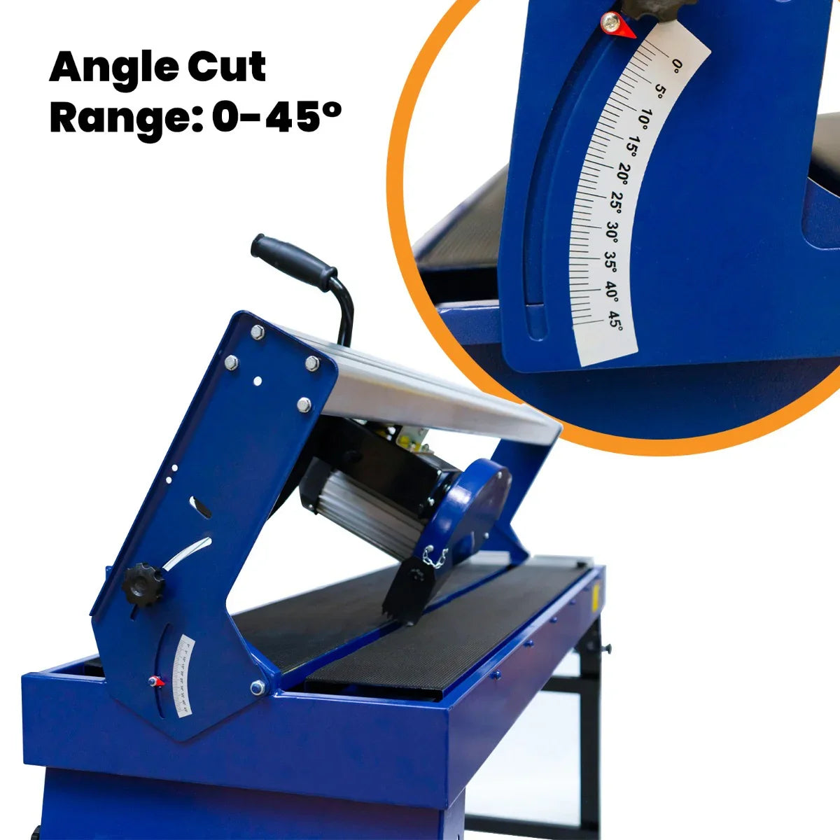 Wet tile cutter bench with a blue frame, adjustable angle range of 0-45°, and a sturdy cutting surface for precise tile cutting