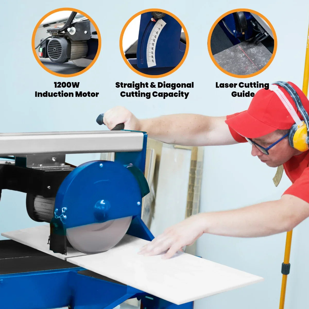 Wet tile cutter bench with 1200W motor, blue and silver design, cutting a white tile with laser guide for precision