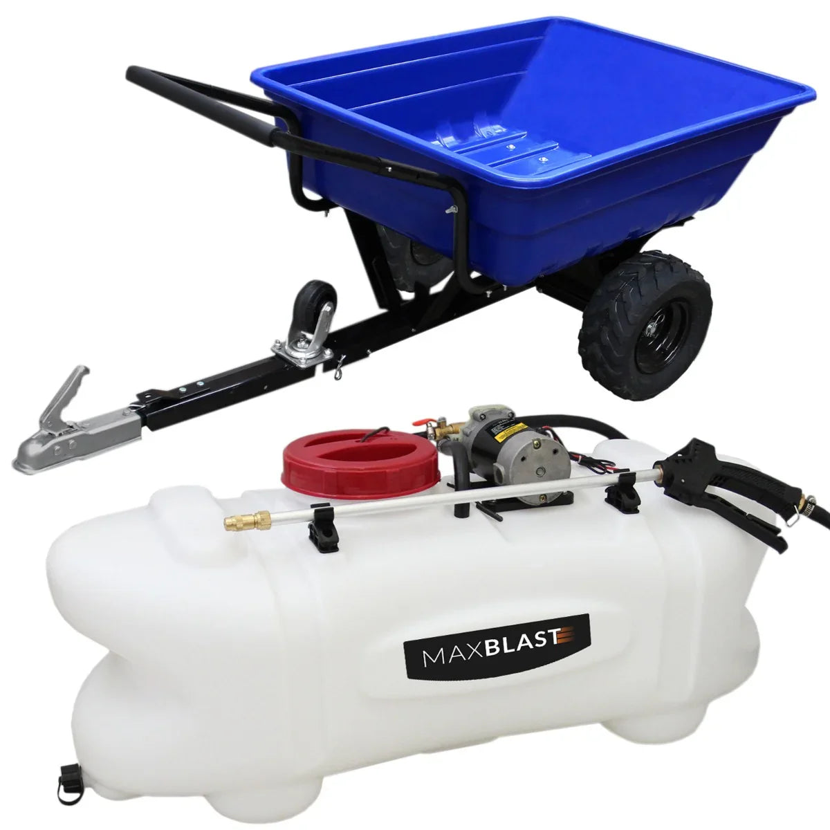 Off-road ATV trailer in blue with sturdy wheels, paired with a white 60-liter sprayer featuring a red cap and pump system