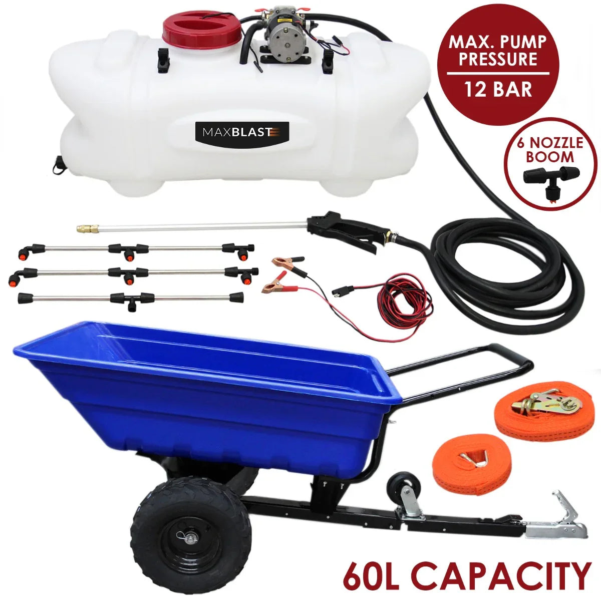 Off-road ATV trailer with a blue tub, 60L sprayer tank, six nozzle boom, and accessories for efficient spraying and hauling
