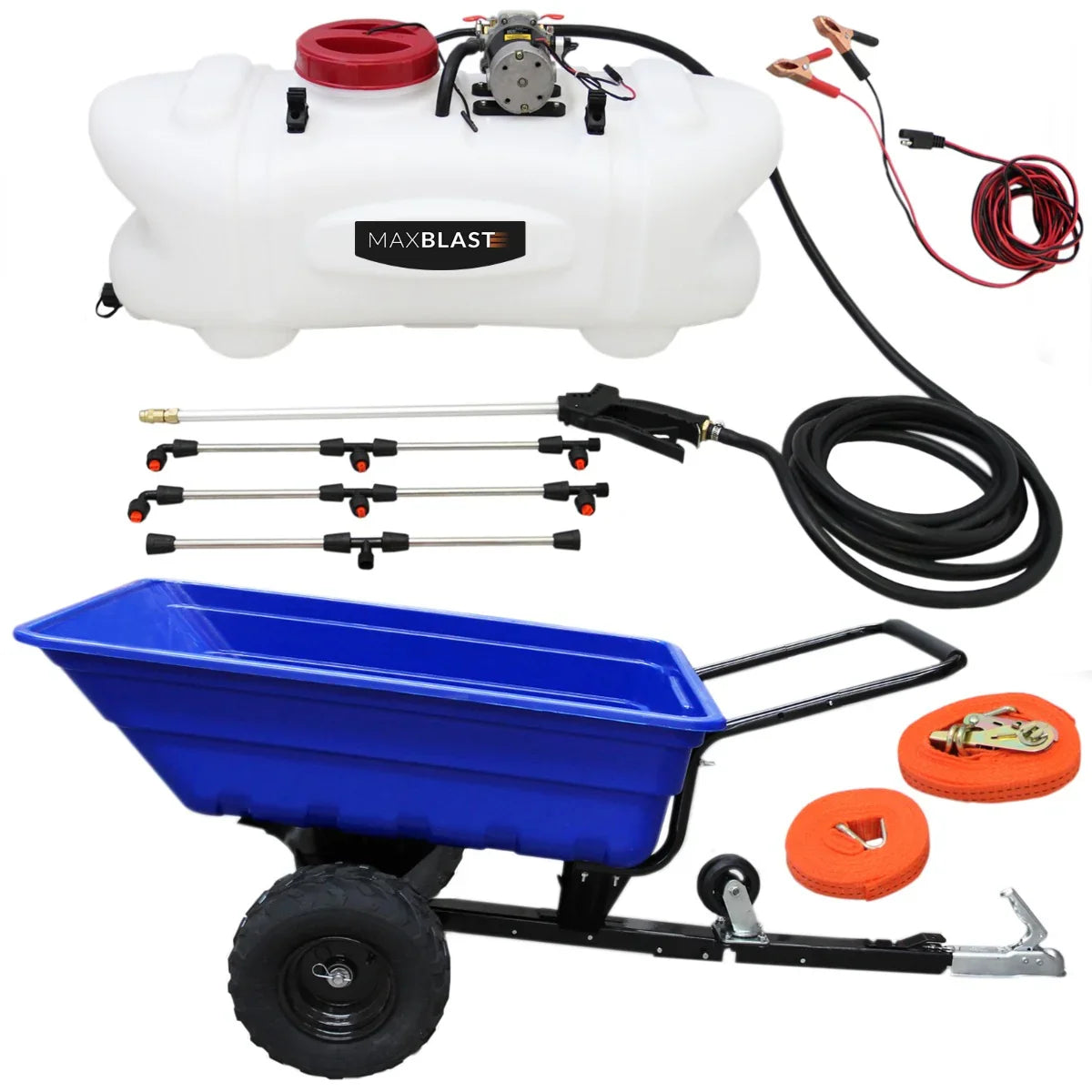 Off road ATV trailer with a blue tub, 100-litre white sprayer tank, hoses, spray nozzles, and accessories for versatile outdoor use