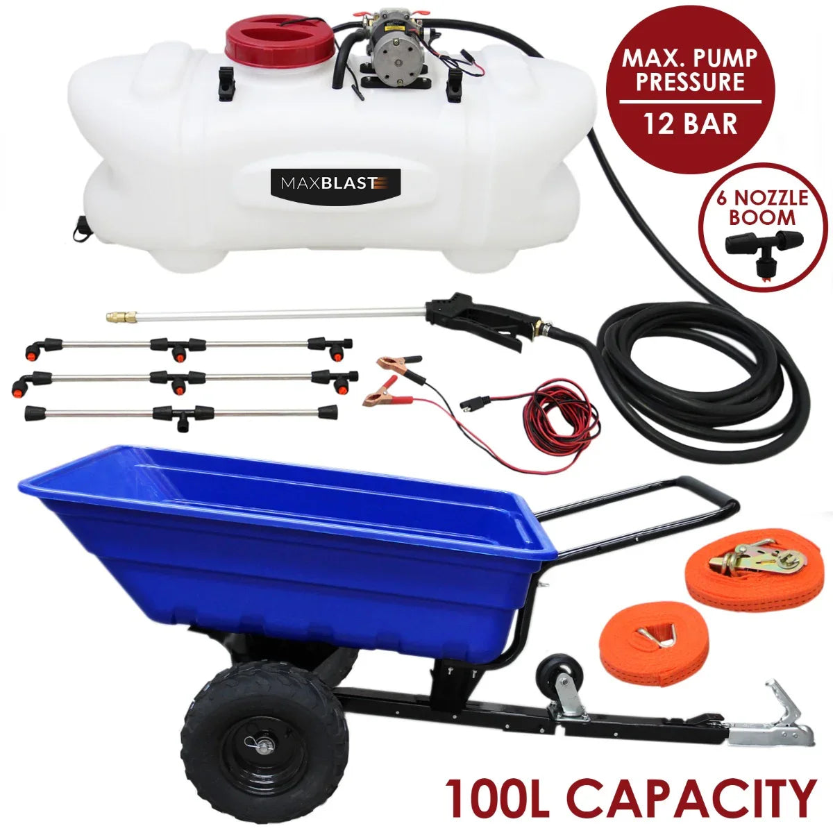 Off-road ATV trailer with a blue cart, 100-litre sprayer tank, six nozzle boom, hoses, and accessories for efficient spraying