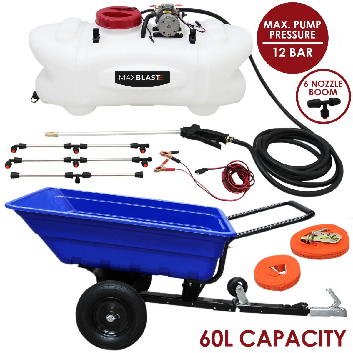 Blue ATV tipping trailer with a 60-litre sprayer, featuring a white tank, six nozzle boom, and accessories for efficient spraying