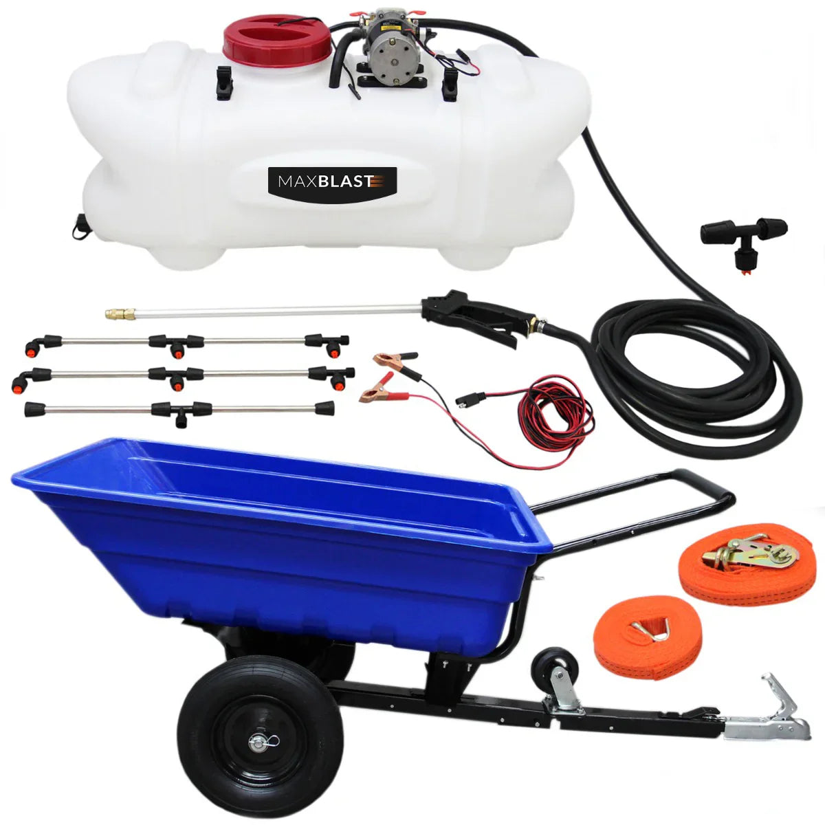 Blue ATV tipping trailer with a 60-litre sprayer, featuring a white tank, hoses, and spray nozzles for efficient liquid application