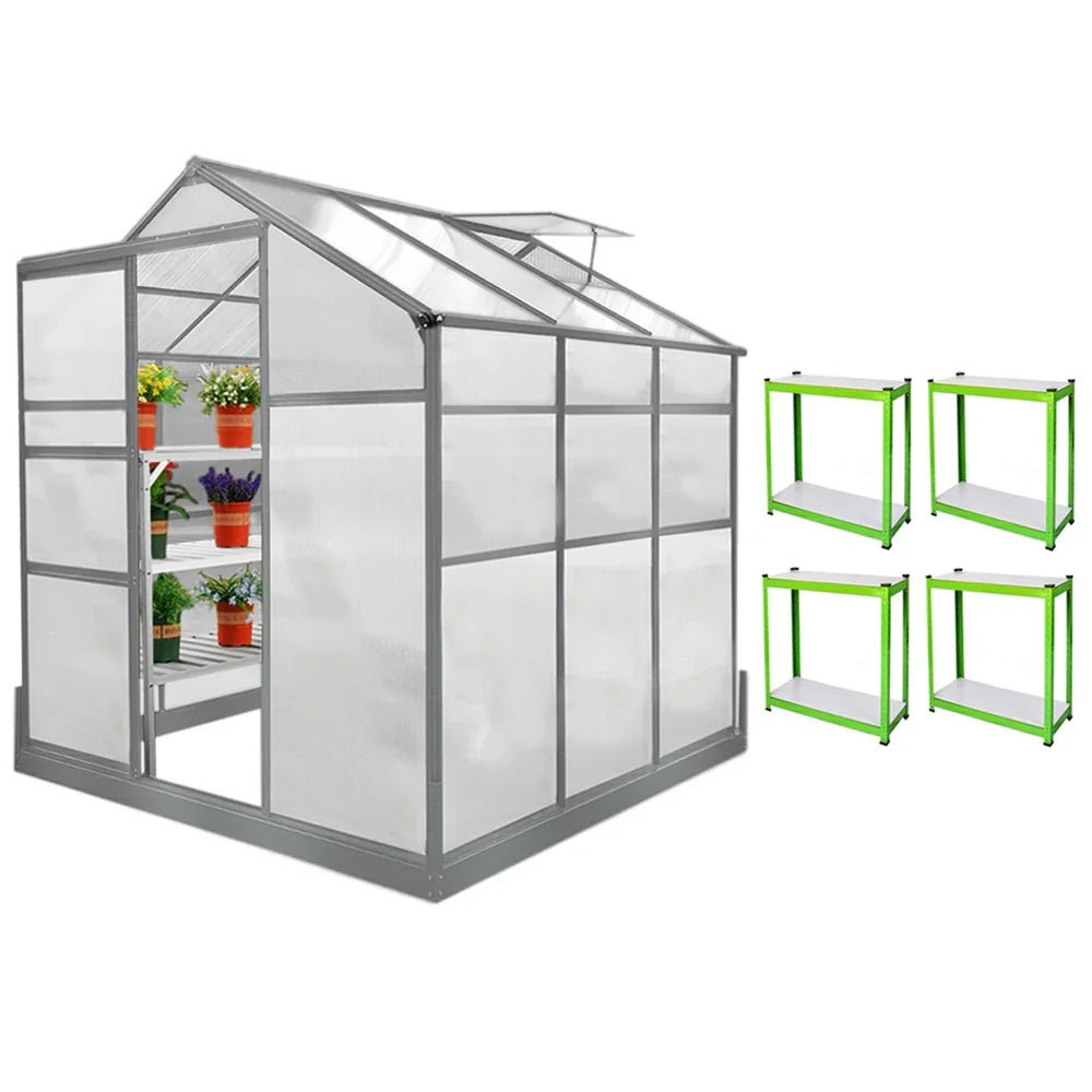 Greenhouse 6ft x 6ft with a sturdy base, featuring two water-resistant racks and vibrant potted plants inside, ideal for gardening