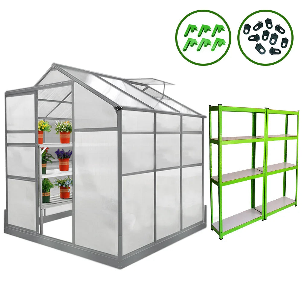 6ft x 6ft greenhouse with a sturdy base, featuring clear panels, and two green water-resistant racks for plant organization