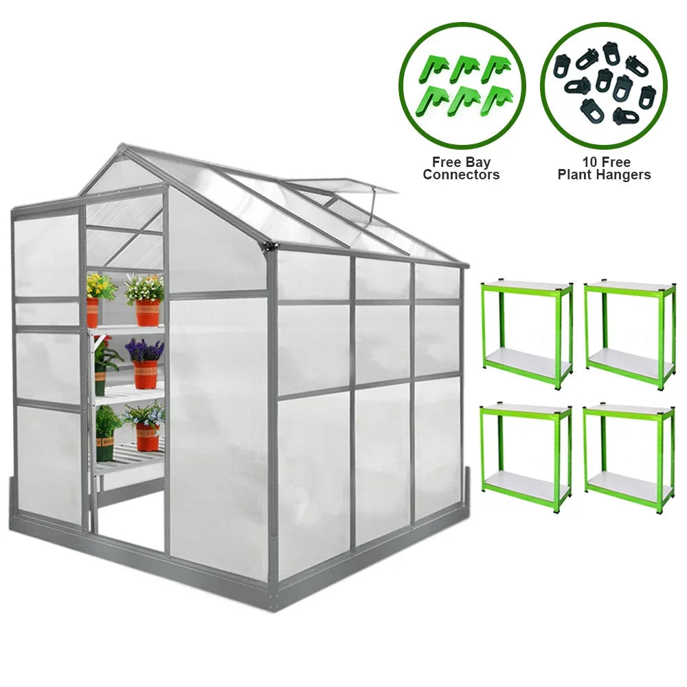 6ft x 6ft greenhouse with a sturdy base, two water-resistant racks, and vibrant plants, featuring a clear polycarbonate design