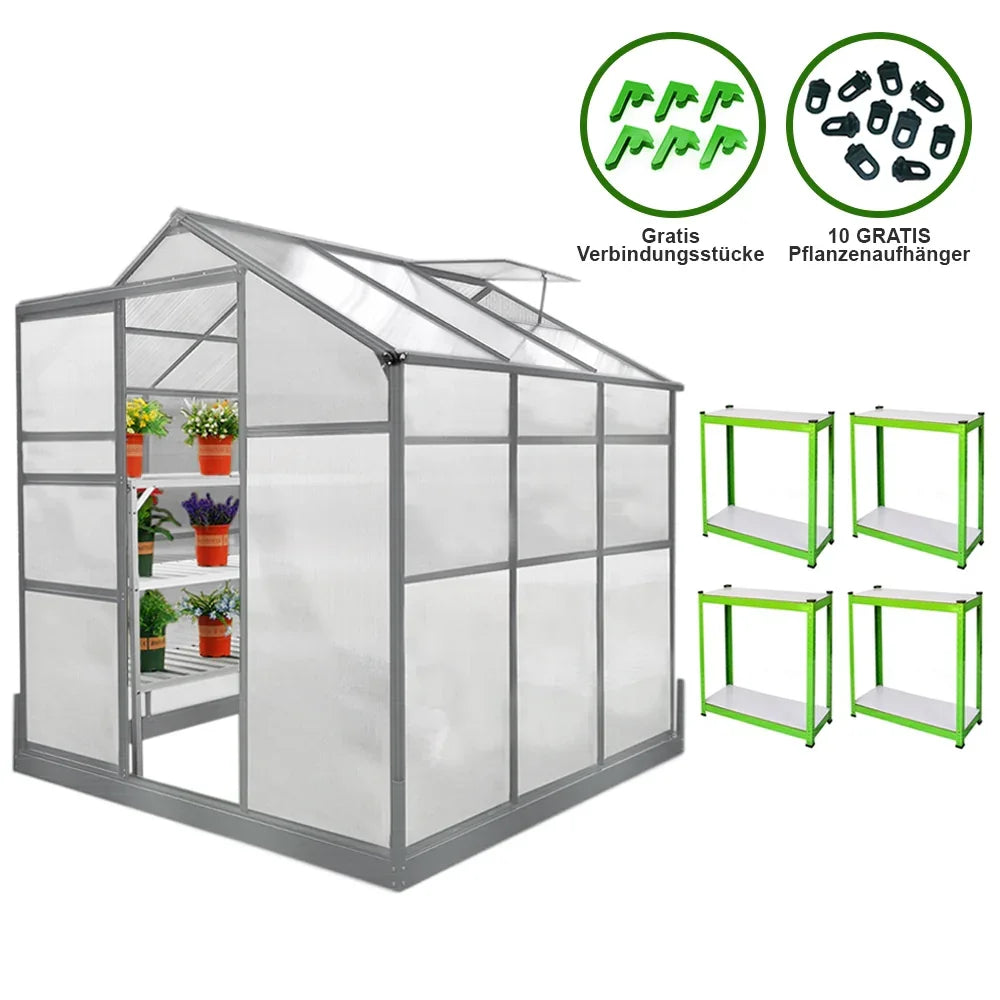 Greenhouse 6ft x 6ft with a sturdy base, featuring two water-resistant racks and vibrant potted plants inside, ideal for gardening