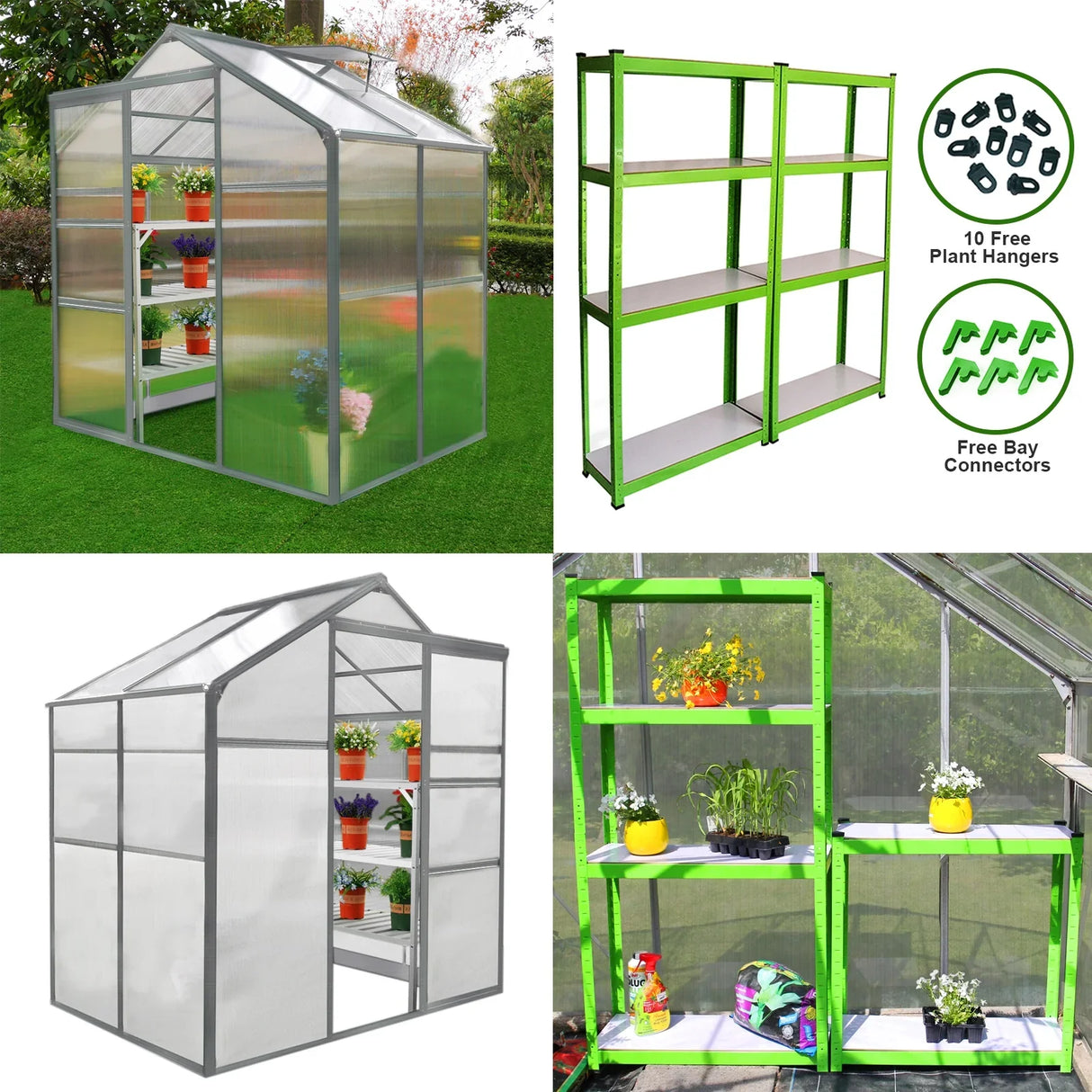 6ft x 4ft greenhouse with transparent panels, metal frame, and two green water-resistant racks filled with potted plants