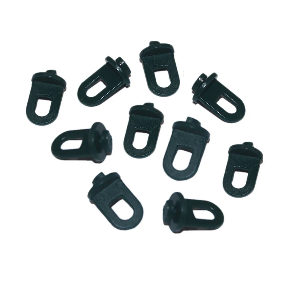 Black plastic greenhouse clips, designed for securing plant covers, featuring a looped design for easy attachment and durability