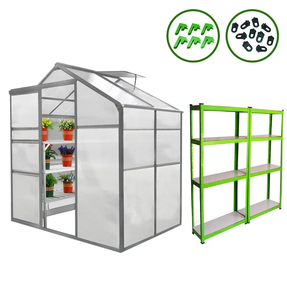 Greenhouse 6ft x 4ft with transparent panels, metal frame, and two green water-resistant racks with multiple shelves for plants