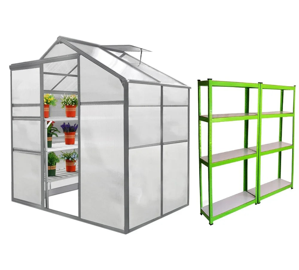 Greenhouse 6ft x 4ft with transparent panels, gray frame, and two green water-resistant racks for plant storage and organization