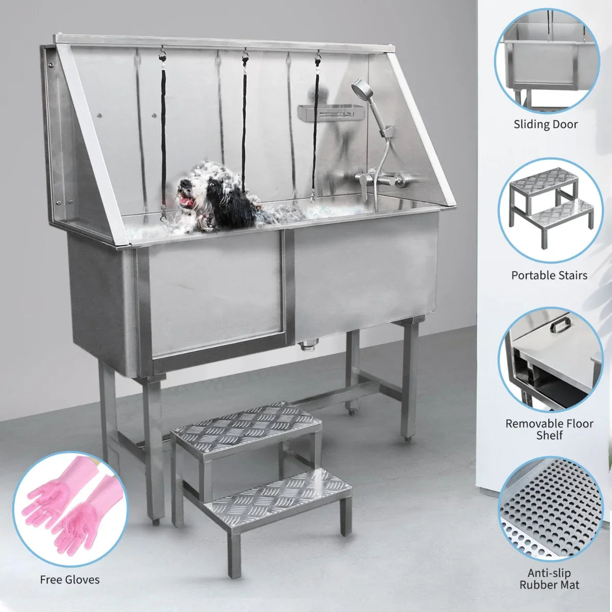 Stainless steel dog bath tub with sliding door, portable stairs, removable shelf, and anti-slip rubber mat, featuring a dog inside