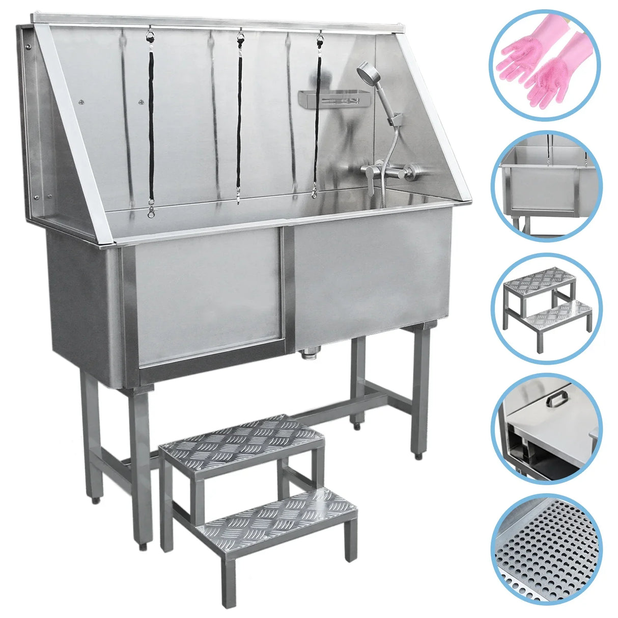 Stainless steel dog bath washing station with a sloped top, adjustable shower head, and sturdy steps for easy access