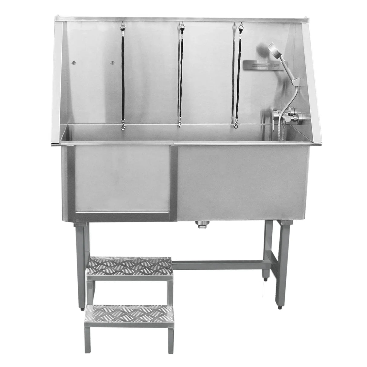Stainless steel pet dog bath washing station with a sloped top, faucet, and two-step access for easy pet bathing