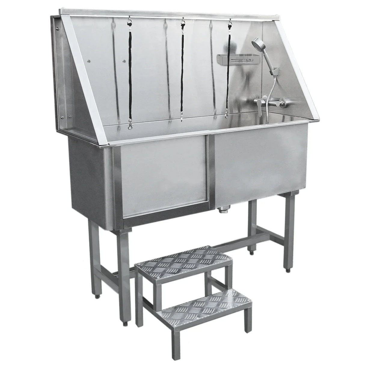 Stainless steel pet dog bath washing station with a sloped top, faucet, and two-step access for easy pet bathing
