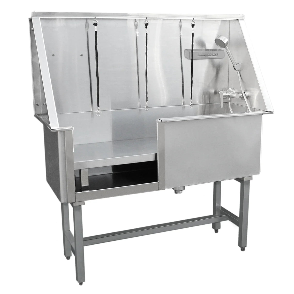 Stainless steel dog bath washing station with high back, adjustable showerhead, and drainage system, ideal for pet grooming