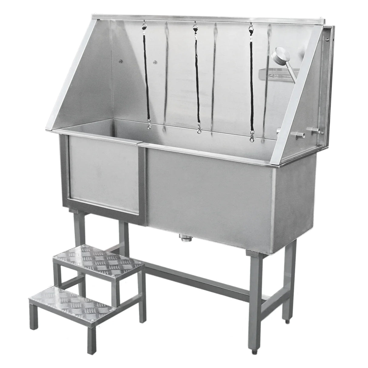 Stainless steel pet dog bath washing station with a sloped roof, two compartments, and a sturdy step for easy access