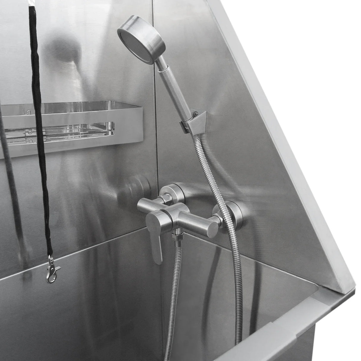 Stainless steel pet dog bath tub with a handheld showerhead, adjustable faucet, and built-in storage shelf for grooming tools