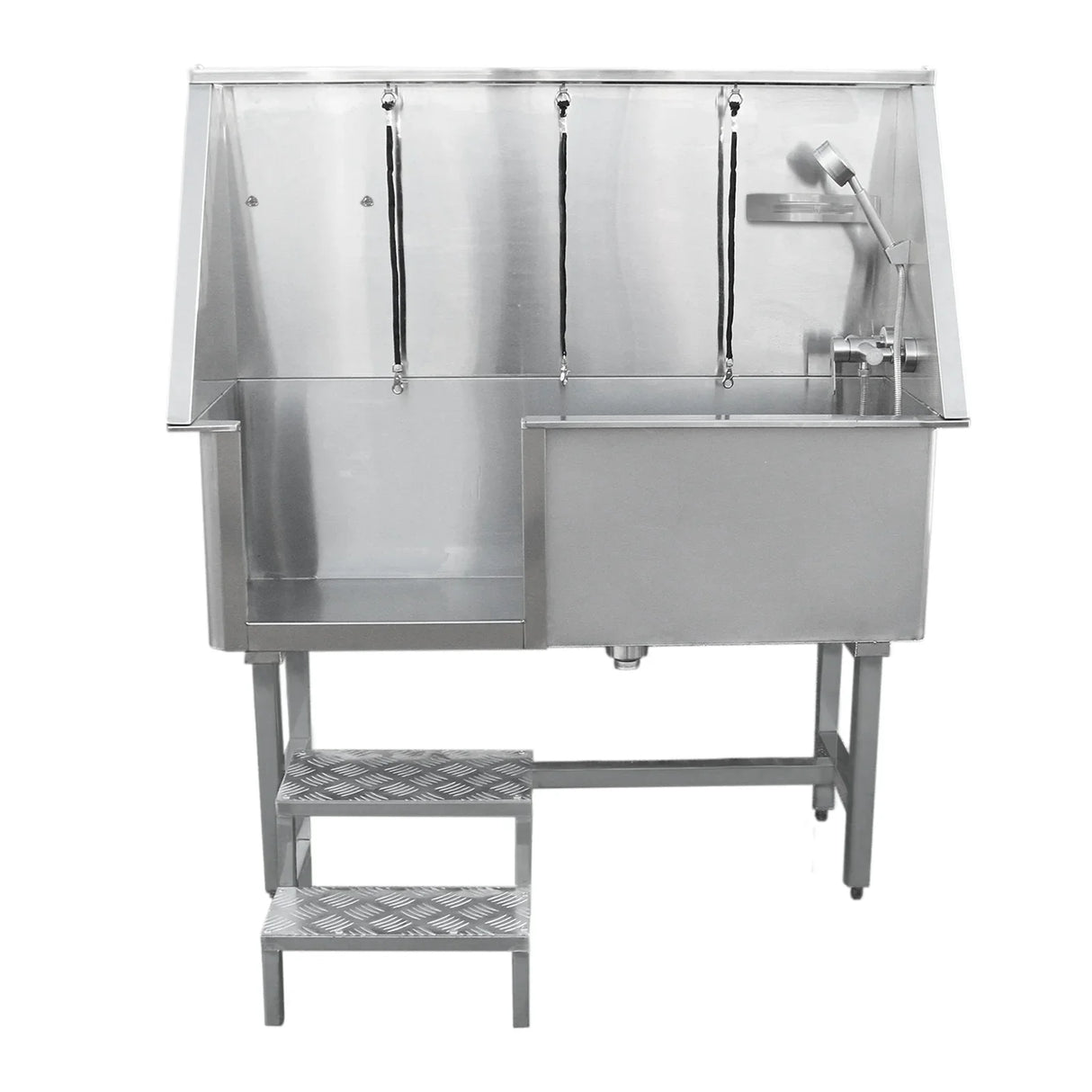 Stainless steel pet dog bath station with a sloped roof, two wash areas, a handheld shower, and steps for easy access