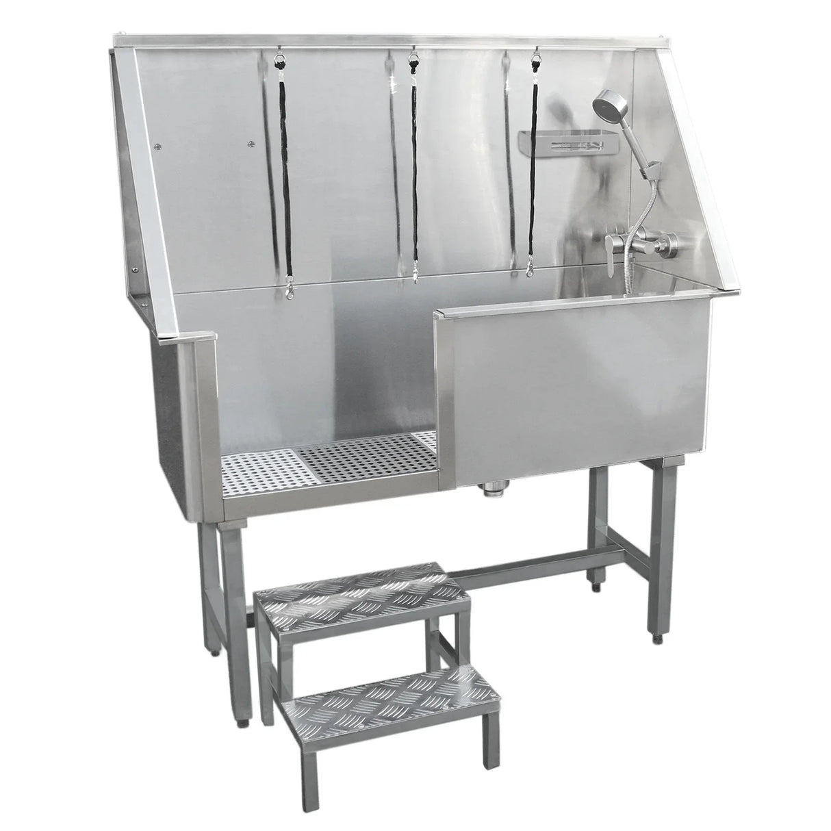 Stainless steel dog bath washing station with a sloped design, drainage system, and steps for easy pet access, ideal for grooming