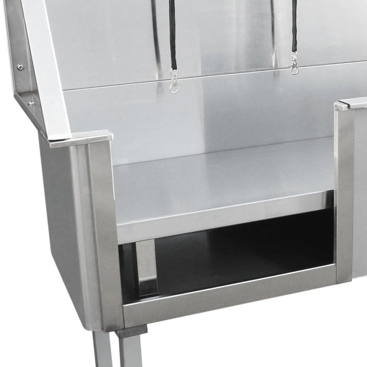 Stainless steel dog bath washing station with a spacious tub, sturdy legs, and a sleek, modern design for easy pet grooming