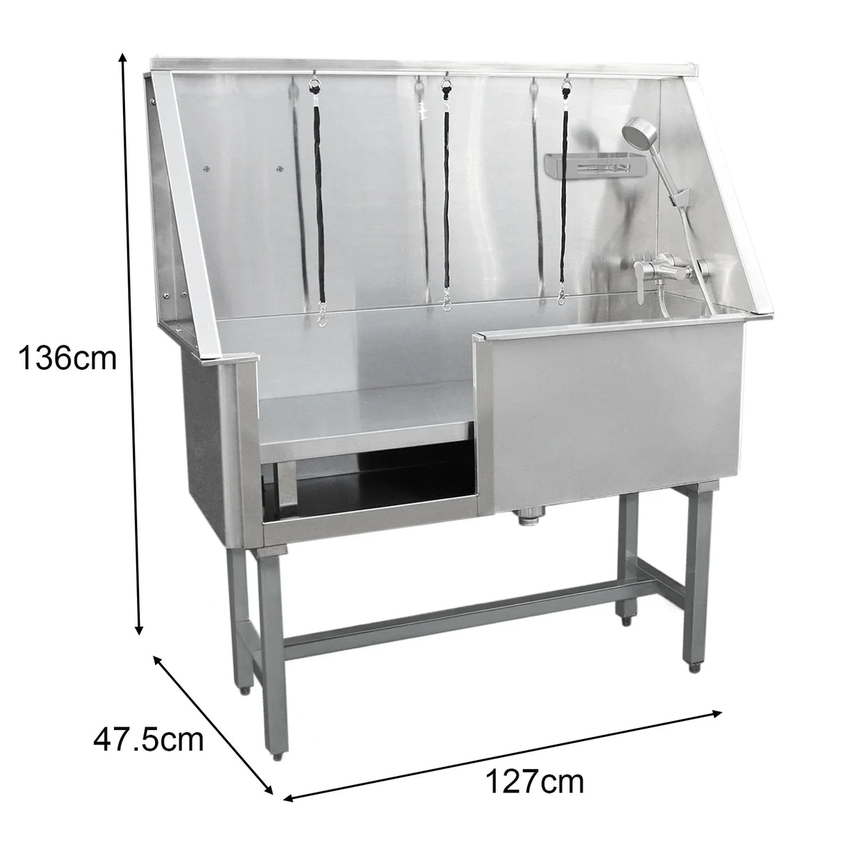 Stainless steel dog bath washing station with adjustable showerhead, spacious tub, and sturdy legs, ideal for pet grooming