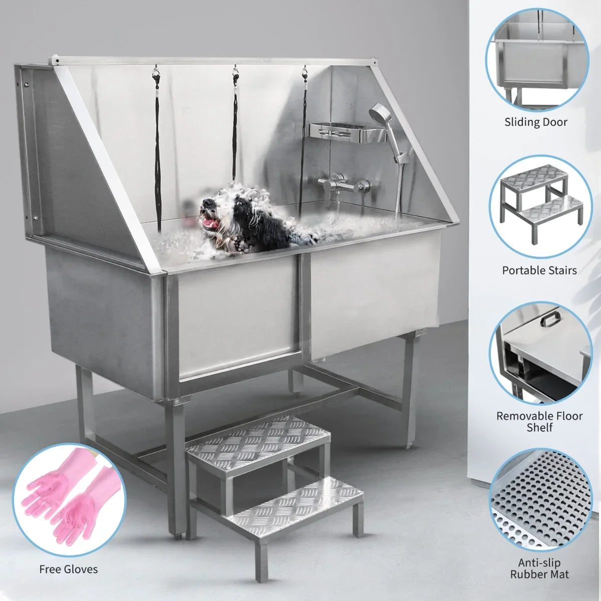 Stainless steel dog grooming wash station with sliding door, portable stairs, removable shelf, and anti-slip rubber mat