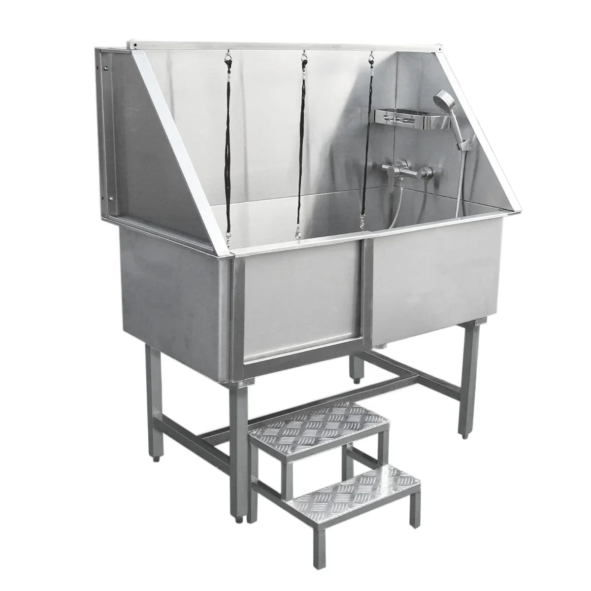Stainless steel dog grooming bath station with adjustable showerhead, two compartments, and non-slip steps for easy access