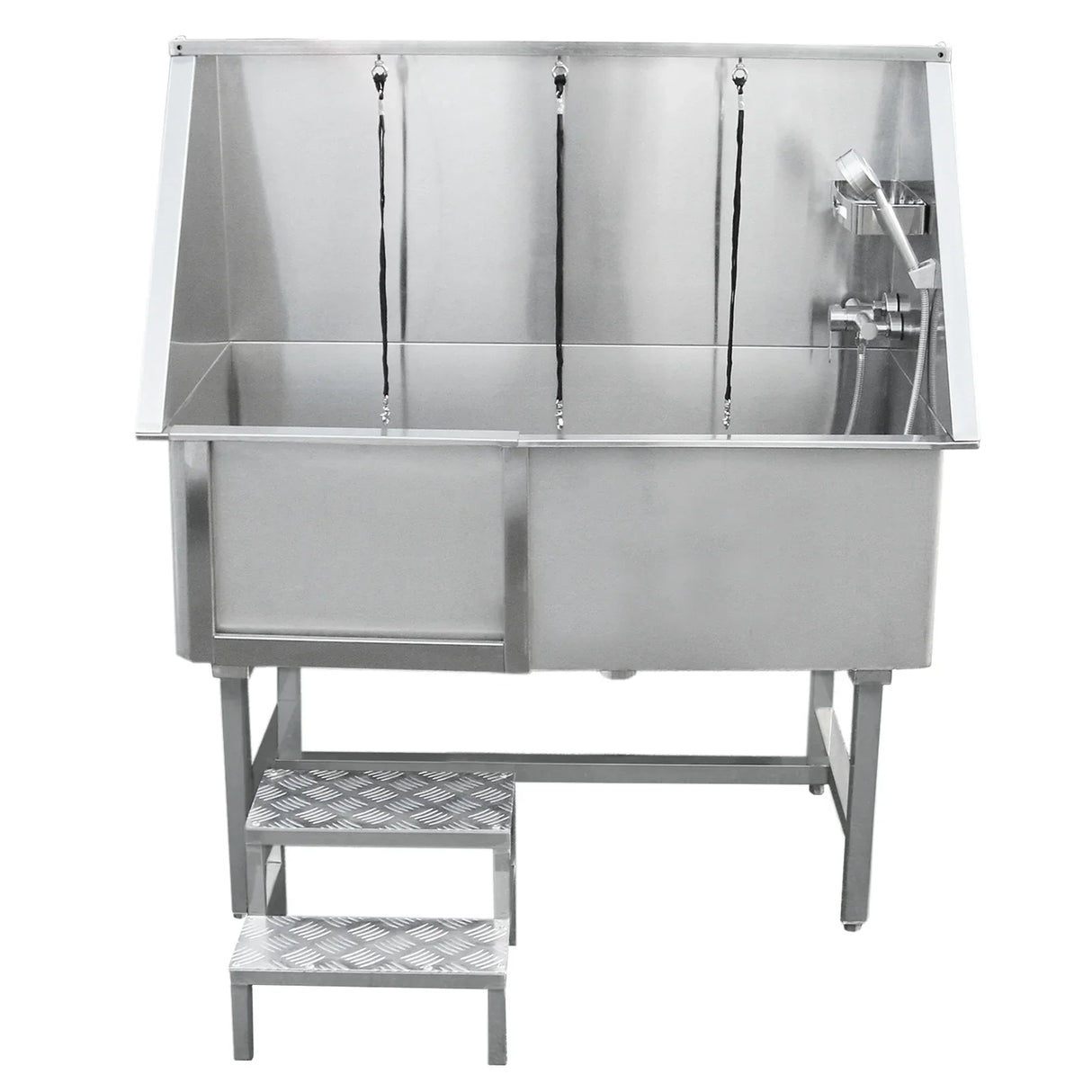 Stainless steel dog grooming wash station with three adjustable shower heads, sturdy steps, and a sleek, modern design
