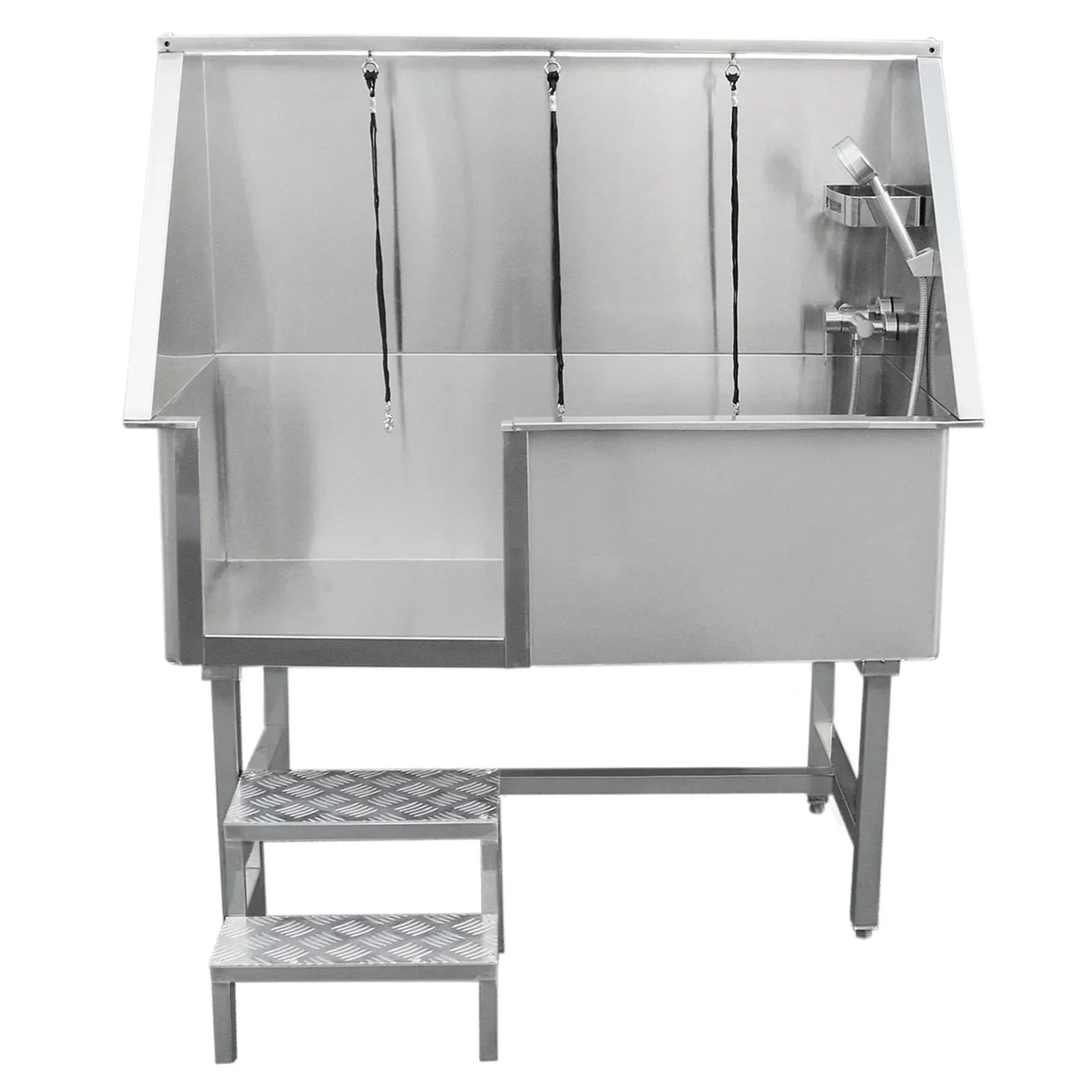 Stainless steel dog grooming wash station with three adjustable shower heads, a spacious basin, and a step for easy access