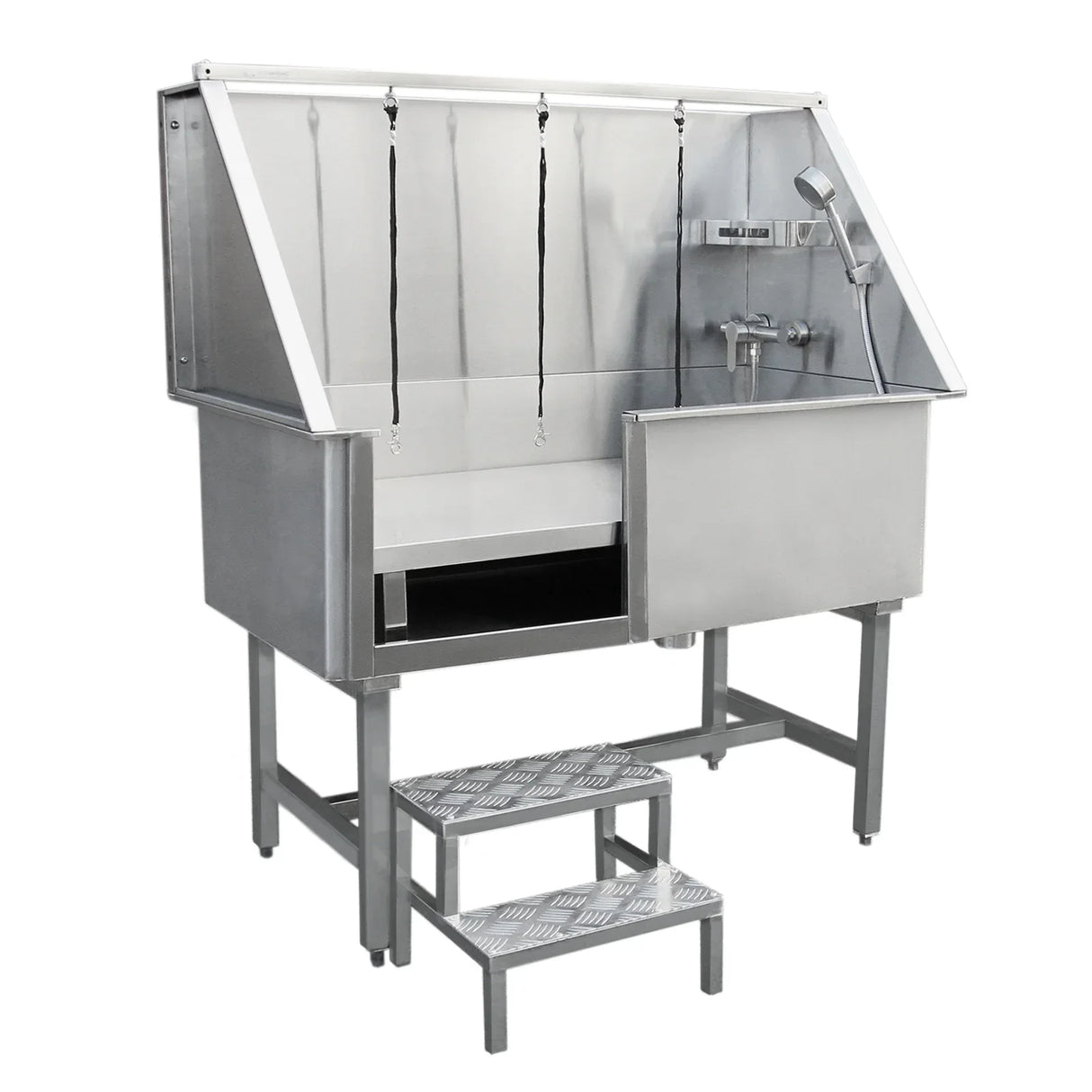 Stainless steel dog grooming bath station with a sloped roof, adjustable showerhead, and sturdy steps for easy access