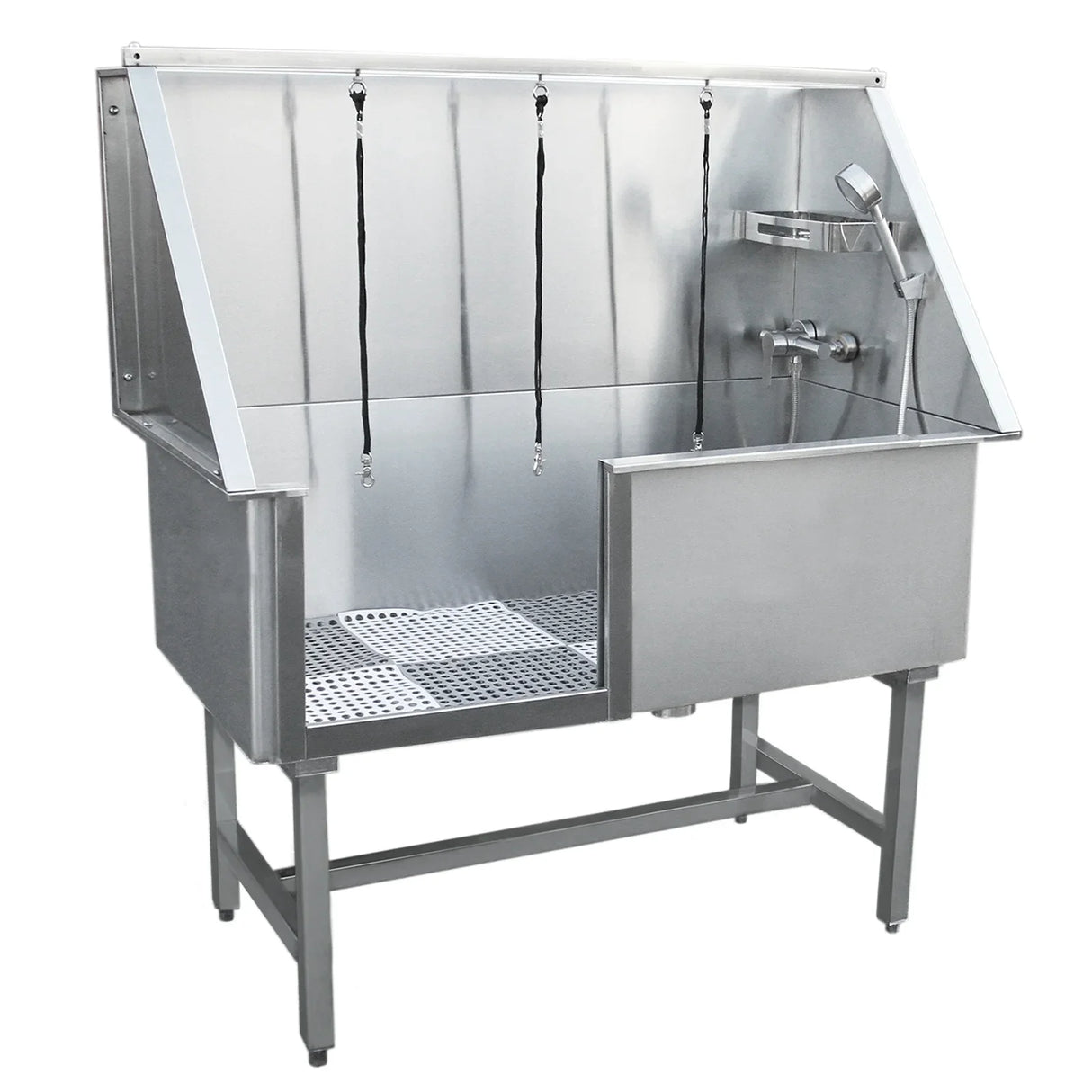 Stainless steel dog grooming wash station with three adjustable shower heads, drainage grate, and sturdy legs for stability
