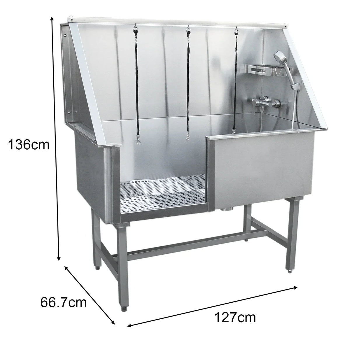 Stainless steel dog grooming bath station with three adjustable restraints, a faucet, and a textured non-slip floor, 600mm deep