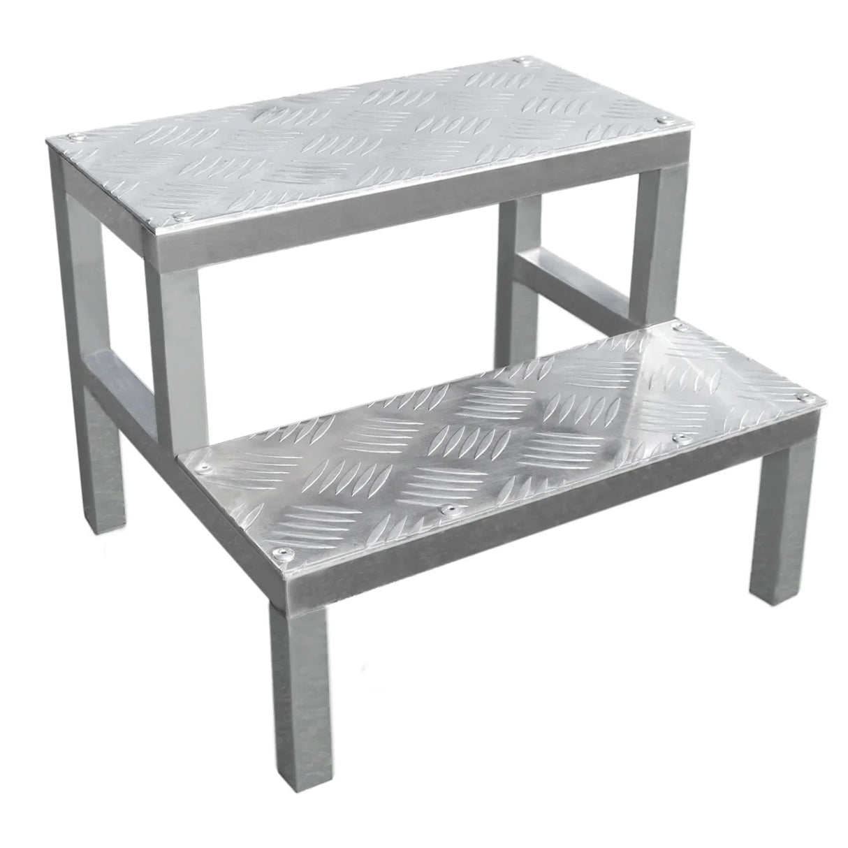 Steel pet wash station with a diamond plate texture, featuring two sturdy steps for easy access during dog grooming sessions