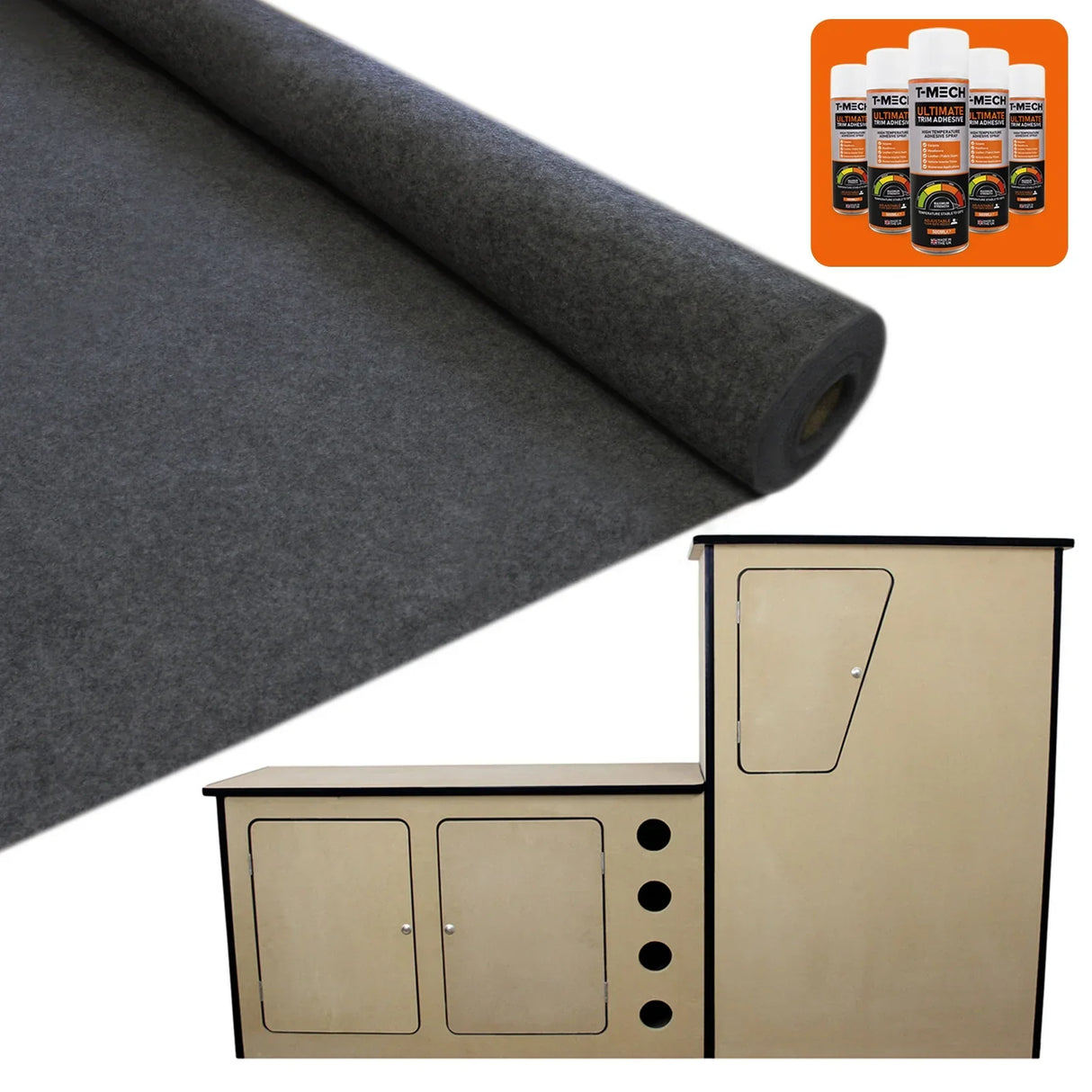 Anthracite van lining roll with smooth texture, alongside a camper kitchen unit featuring storage compartments and glue...