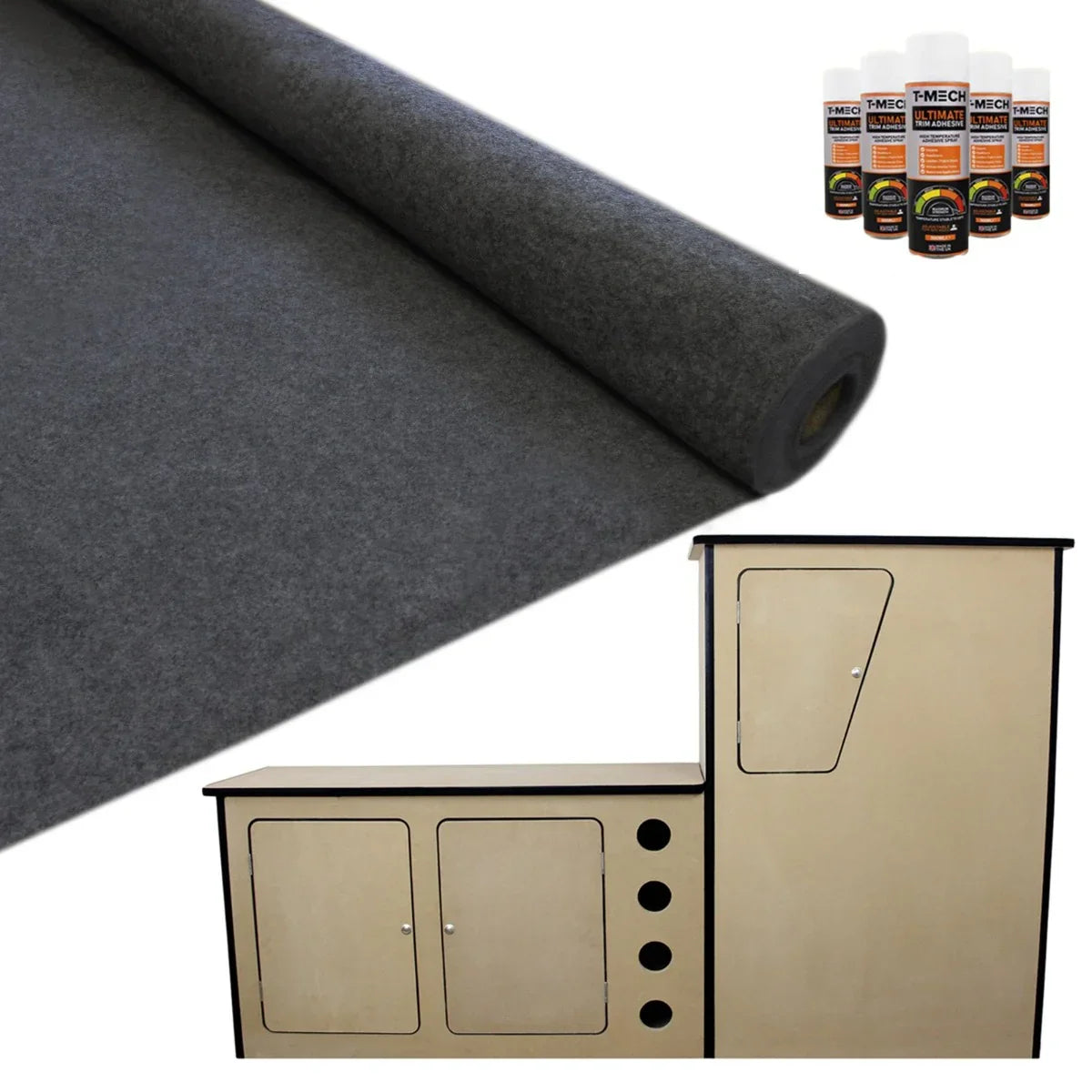 Anthracite van lining roll with smooth texture, alongside camper kitchen unit and adhesive spray cans for installation