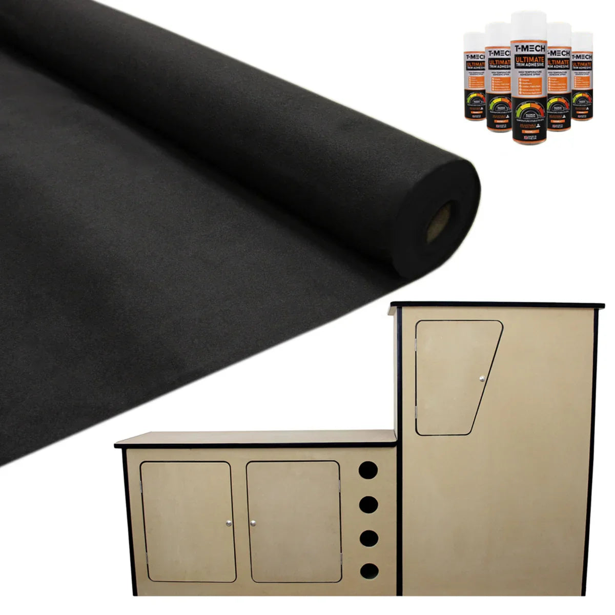 Black van lining roll with smooth texture, camper kitchen unit in light wood, and adhesive spray cans for installation
