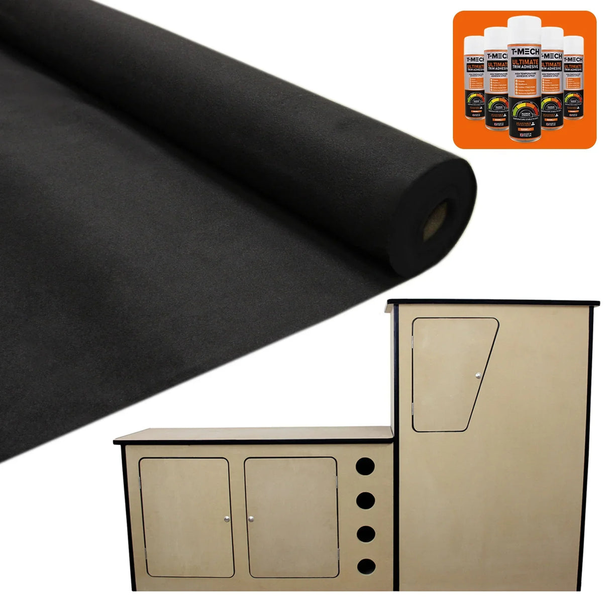 Black van lining roll with smooth texture, alongside a light wood camper kitchen unit and adhesive products in the corner