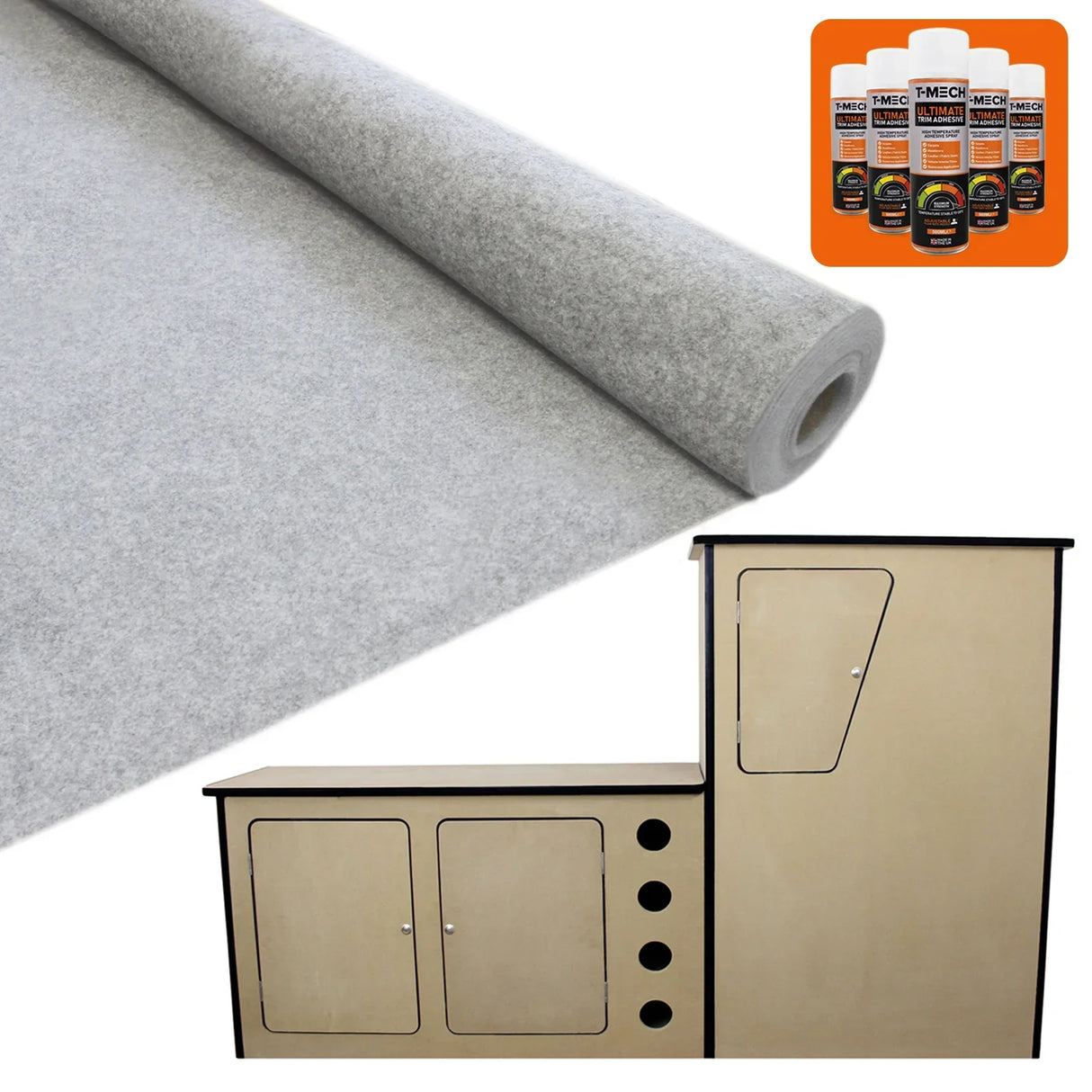 Silver grey van lining roll with smooth texture, alongside a camper kitchen unit featuring storage compartments and glue...