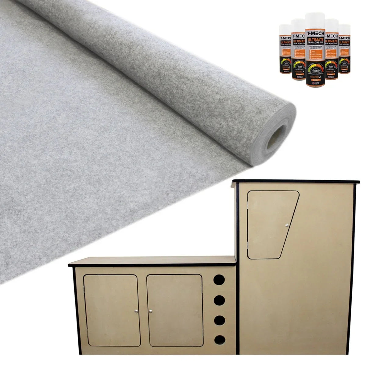 Silver grey van lining roll with smooth texture, accompanied by camper kitchen unit and adhesive bottles in background