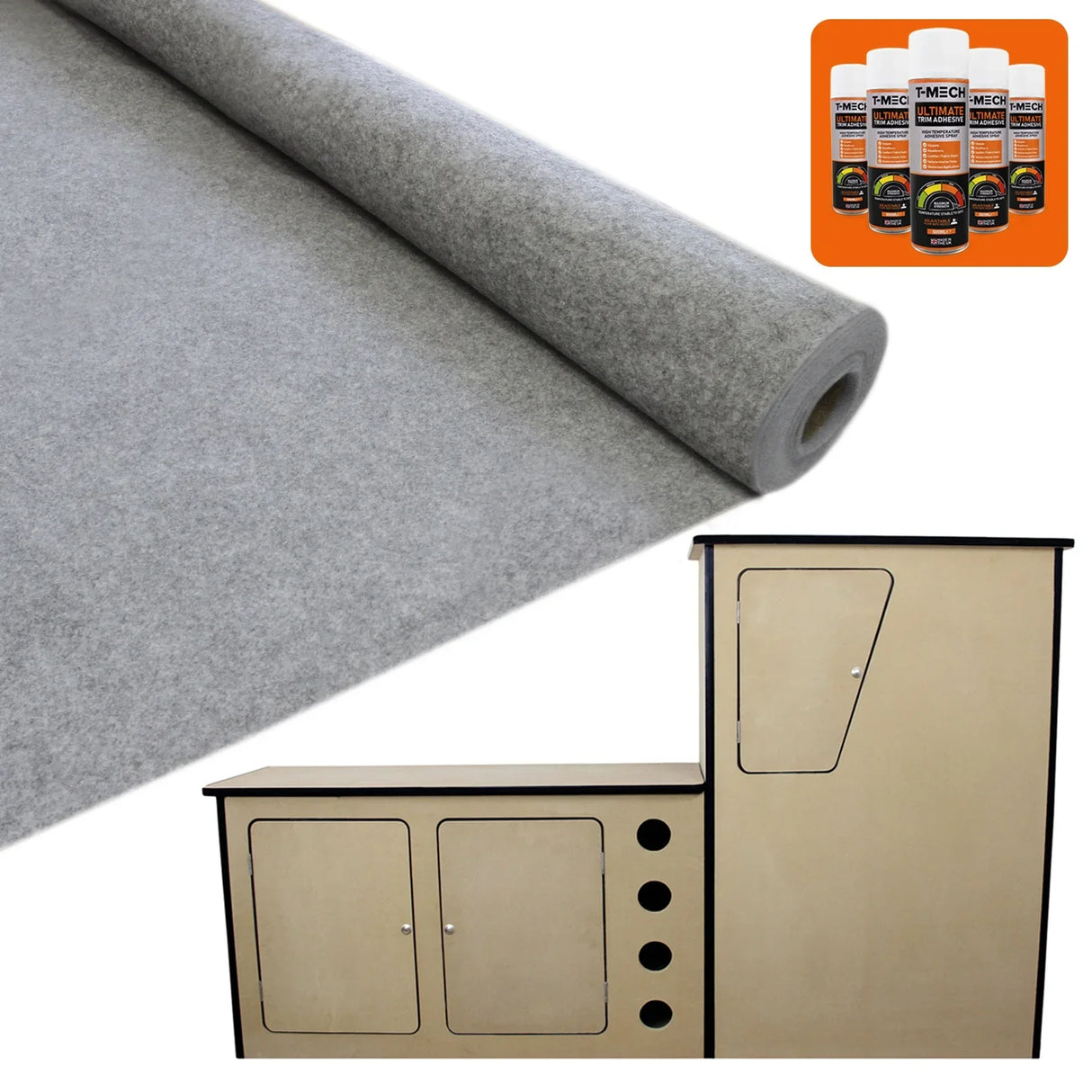Smoke grey van lining roll with soft texture, alongside a wooden camper kitchen unit and adhesive products in the corner