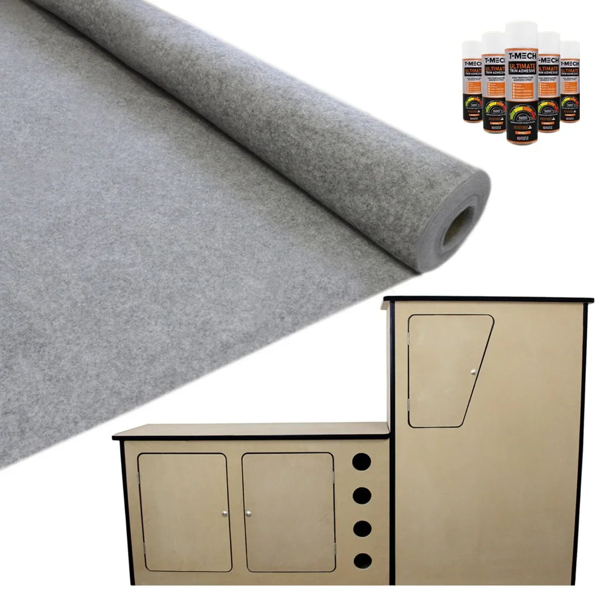 Smoke grey van lining roll with smooth texture, accompanied by glue bottles and a wooden camper kitchen unit