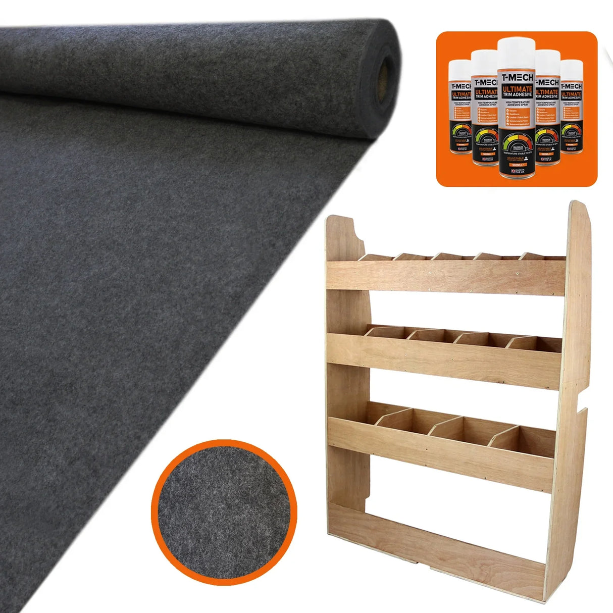 Anthracite van lining roll with smooth texture, glue bottles, and a wooden rack for Ford Transit Custom storage solutions