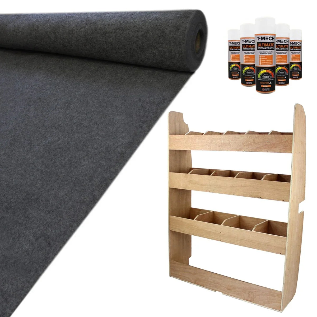 Anthracite van lining roll, glue bottles, and wooden rack with multiple compartments for Ford Transit Custom storage...